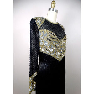 Vintage HEAVY Fully Beaded Gown Dress Embellished Sequin Black Gold Silver 6